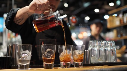A barkeep skillfully pours strong alcohol into clear cups.