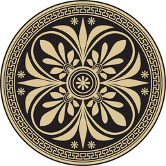 Vector gold with black classic Greek round ornament. Circle of Ancient Greece and the Roman Empire. Byzantine painting of walls, floors and ceilings. Decoration of European palaces