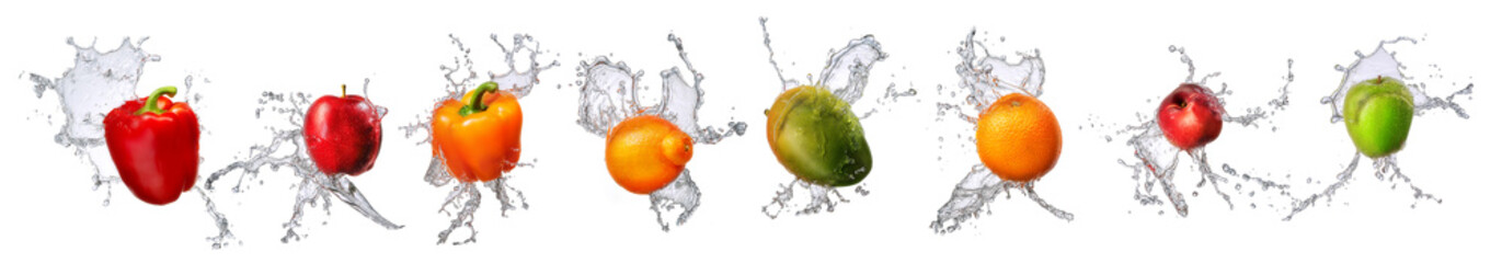 Group of fruits with water splash isolated on white background