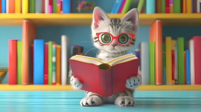 Adorable cartoon kitten with glasses intently reading a book in a colorful library, creating a charming and studious scene.