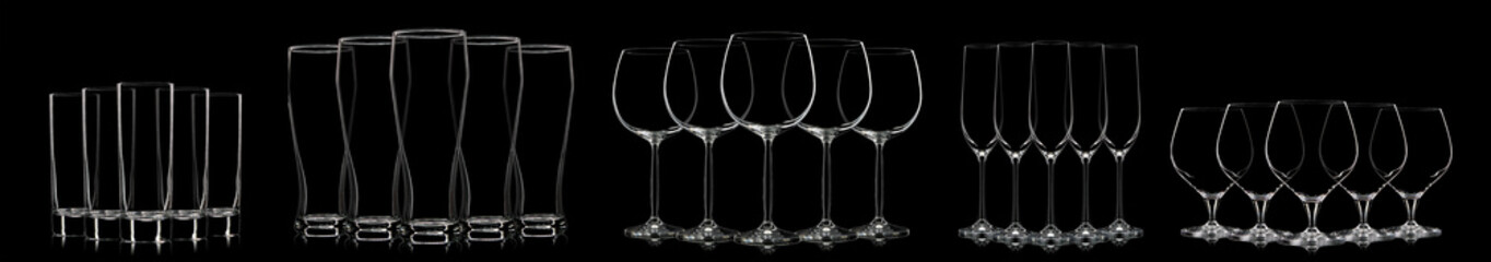 Silhouette of multicolor neon different glasses on black background