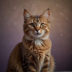 Fototapeta premium Brown cat against vibrant light purple background.