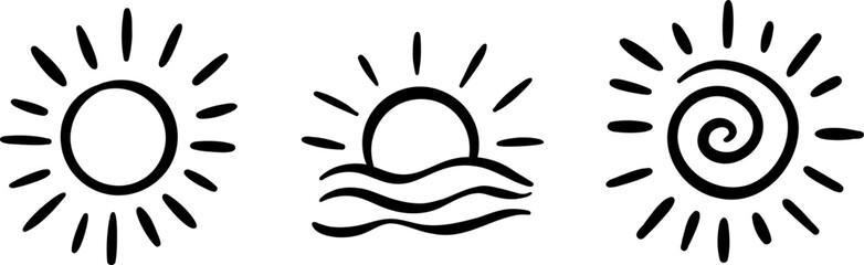 Sun doodle icon set, hand drawn illustrations