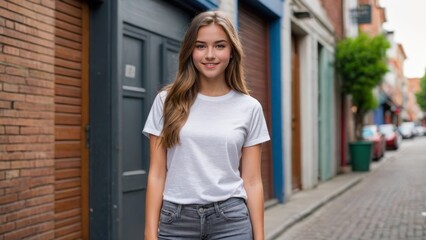 Teenage girl wearing white t-shirt and grey jeans standing in a city alley