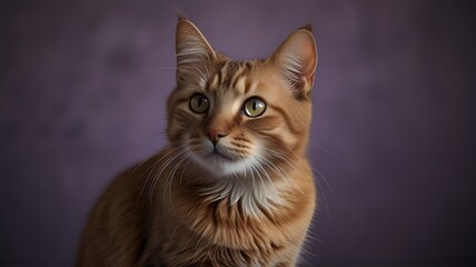 Obraz premium Brown cat against vibrant light purple background.