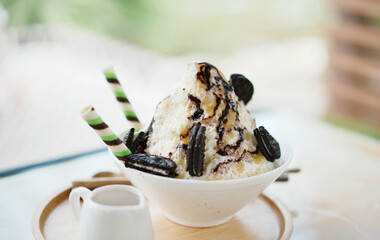 Colorful shaved ice dessert. Soft focus. Copy space.