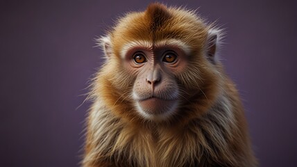 Obraz premium A brown monkey with an amazed expression on a vibrant purple background. 