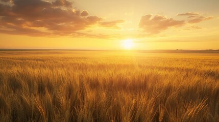 Obraz premium Beautiful golden wheat field at sunset with a vibrant sky and sun casting warm light over the ripe grain ready for harvest.