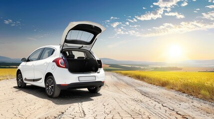 A white car with its trunk open is parked on a dirt road amidst an expansive panorama of golden fields and a beautiful sunset, capturing a moment of serene travel and exploration.