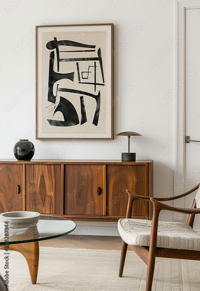 Wall mural A midcentury modern interior with wood furniture and white walls, featuring an abstract art print hanging above the sideboard in neutral tones. A wooden frame frames the artwork. It's a close-up shot. - Wall murals