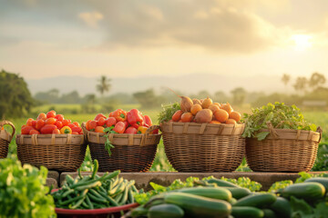 In the morning, bamboo baskets filled with vegetables are stacked in front of the garden