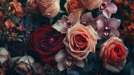 A bouquet of flowers with a mix of red and pink roses and orchids. Generate AI image