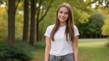 Fototapeta premium Teenage girl wearing white t-shirt and grey jeans standing in nature