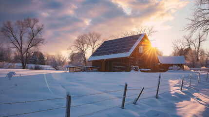 Solar panels installed on the roof of a country house in winter