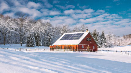 Panoramic view of a red barn with solar panels on the roof in winter