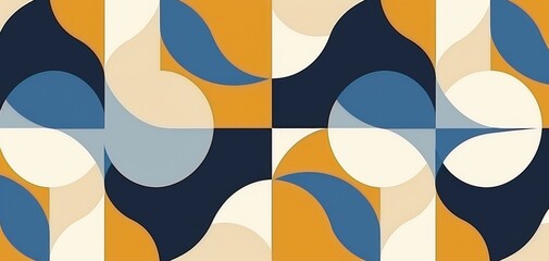 This abstract geometric pattern features blue, beige, and white circles in a retro style on a dark background, highlighting a minimalist Scandinavian flat design aesthetic.