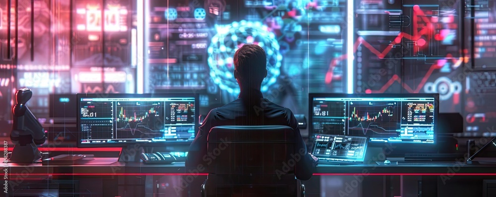 Aufkleber Person analyzing data on multiple computer screens in a high-tech environment with holographic visuals and complex graphs.