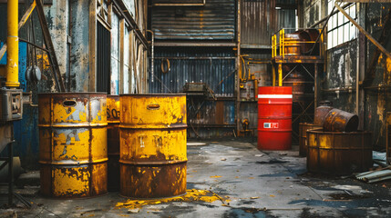 Industrial background with old rusty metal barrels