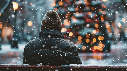 A man sits on a bench and looks at a Christmas tree in the snow