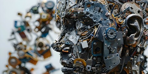 Fototapeta premium Artist uses technology scraps to create statement against machines influence in society. Concept Technology Art, Scrap Sculptures, Statement Pieces, Anti-Machine Influence, Societal Commentary