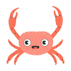 Bright orange-red crab with raised claws on a white background. Cartoon character for your designs