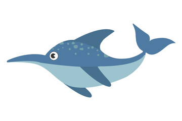 Sea swordfish. Cute sea fish isolated on white background. Funny underwater animal. Colored flat vector illustration. Underwater world concept.