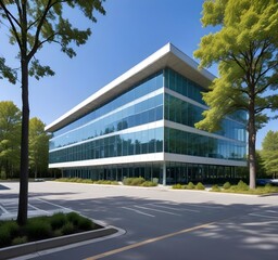 A modern multi-story office building with glass walls and a rectangular design, surrounded by trees and a paved parking lot, against a clear blue sky