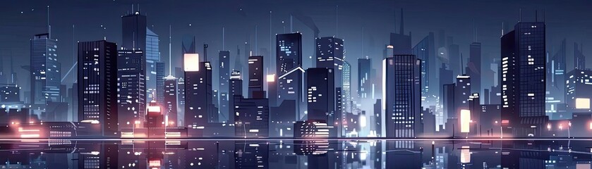 Futuristic city skyline at night with glowing lights, tall skyscrapers, and a serene blue hue reflecting off the water below.