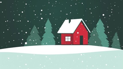 A serene winter night featuring a cozy red cabin in the middle of a snowy forest, with evergreen trees and gentle snowflakes falling from the dark teal sky.
