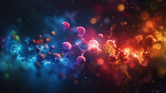 A computer-generated image of a complex molecule, with different elements highlighted in vibrant colors, set against a dark background to emphasize the structure.