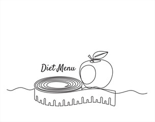 Continuous one line drawing of Measure tape and apple. Diet menu. Healthy eating and dieting, line art concept.