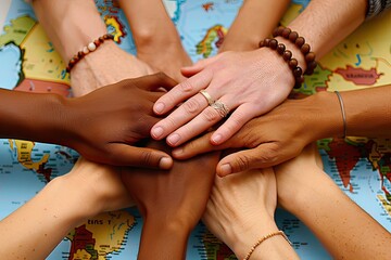 Group of people with hands together in front of world map