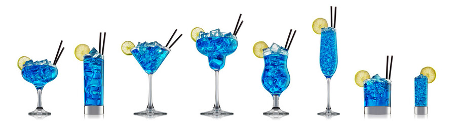 Set of cocktails with decoration from fruits isolated on white background