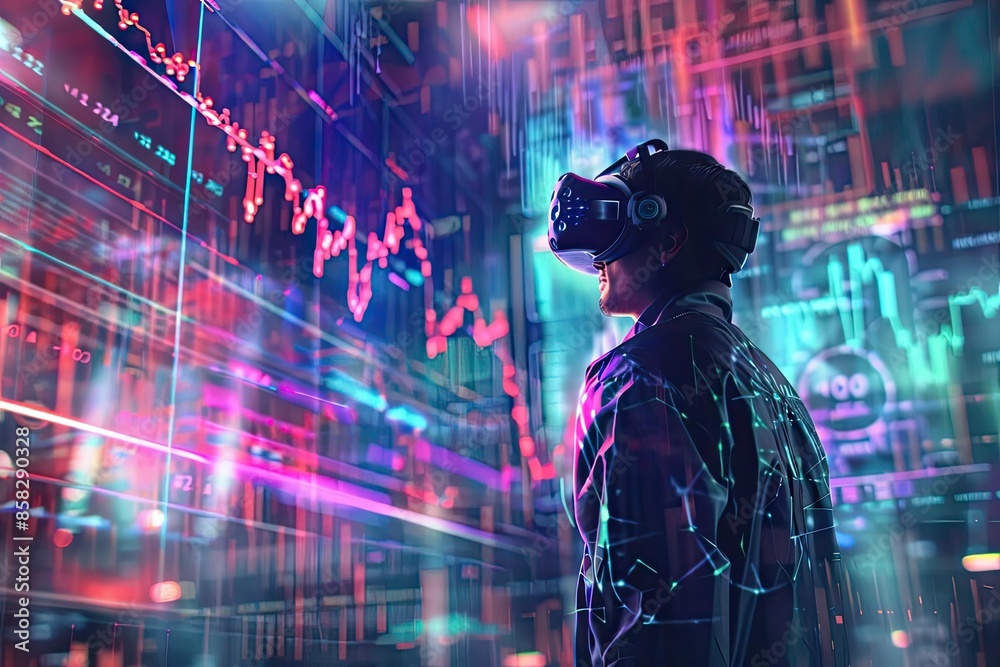 Poster person wearing vr headset analyzing digital data in a futuristic neon-lit environment, representing 