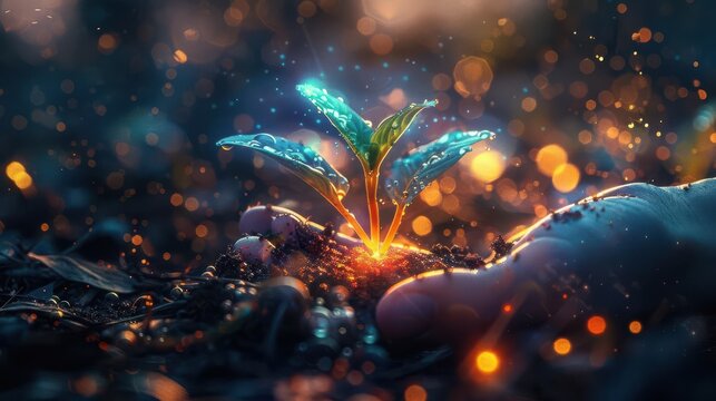 Alien hand nurturing a bioluminescent sprout