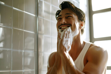 Happy Latino man applies cleansing foam to his face in the morning in the bathroom.