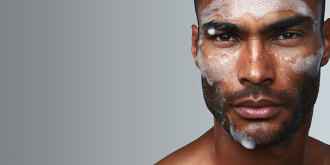 Close-up portrait of a handsome Latin american man with cleansing foam