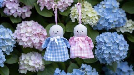 Hydrangea flowers and Teru Teru Bozu Japanese rain doll