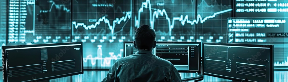 Aufkleber A trader analyzing financial data on multiple screens in a modern office with blue hues, focusing on stock market trends and investment decisions.