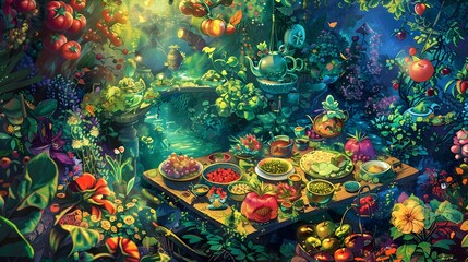 Vibrant Botanical Buffet - Surreal Culinary Display in Lush Garden Setting