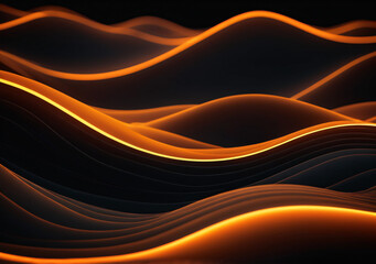 3D rendered landscape of orange waves with glowing edges on a dark background. Digital art of orange wave made from lines with black background. Futuristic and abstract concept.