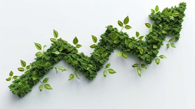 Green arrow growth concept made of plant leaves, symbolizing ecological progress, sustainability, and environmental development on white background.