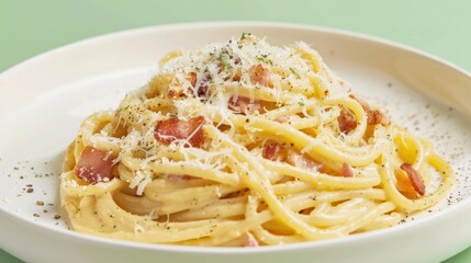 Plate of Spaghetti alla carbonara pasta on light background
