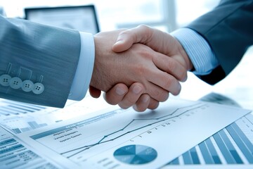 Two business professionals shaking hands over financial documents, symbolizing partnership and successful deal.