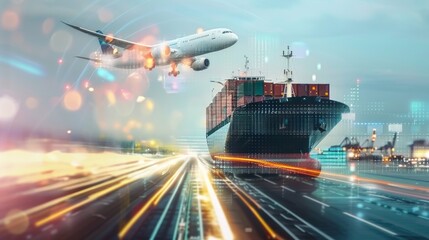Obraz premium A digital cargo ship container truck and plane on the road