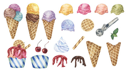 Ice cream design elements set including various flavors, cherries, waffle cones, wafer sticks, whipped cream, mint leaves and metal scoop, drizzles of chocolate and berry sirup. Watercolor clipart
