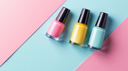 Bottles of nail polish on color background