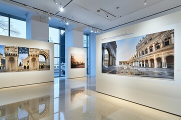 An exhibit in a modern gallery featuring a series of large format photographs that capture the architectural beauty of various historical buildings. 