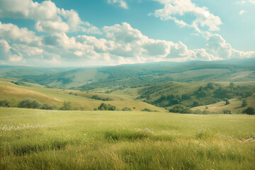Fototapeta premium Summer alpine grasslands with blue sky and white cloud background
