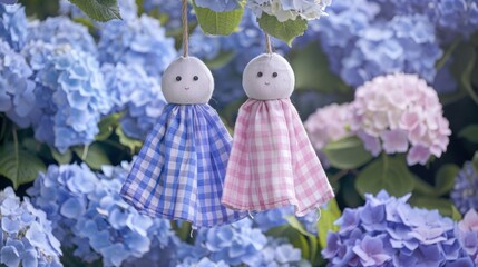 Hydrangea flowers and two cute handmade Teru Teru Bozu Japanese rain doll